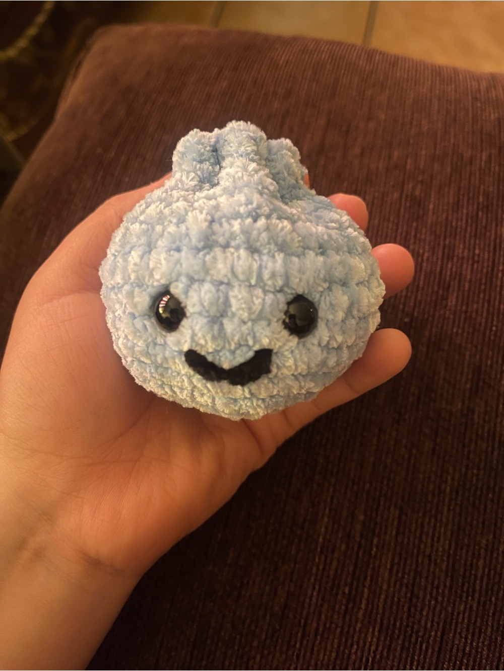Plush light Blue Small crochet mystery dumpling plushie squishy with Smiley Face